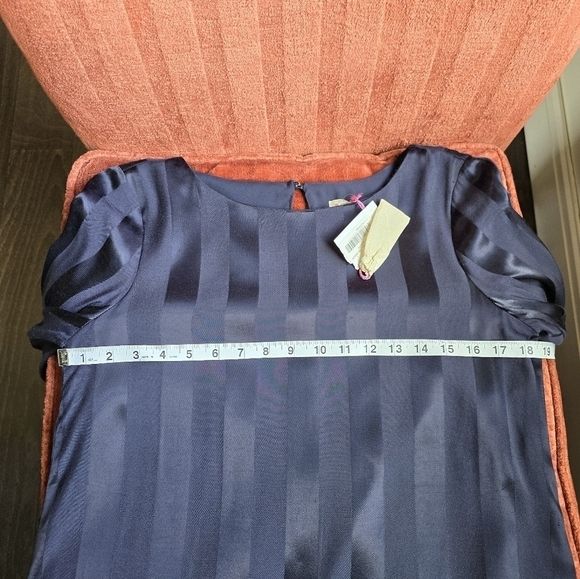 NWT Cremieux Selina Ruffle Sleeve Navy Striped Satin Shift Dress Sz. S - Picture 6 of 11